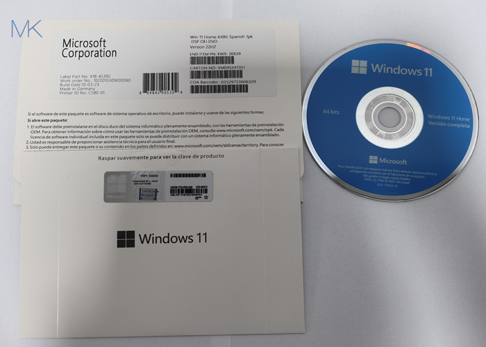 caixa física espanhola KW9-00639 do OEM DVD da casa de Microsoft Windows 11 da versão 22H2